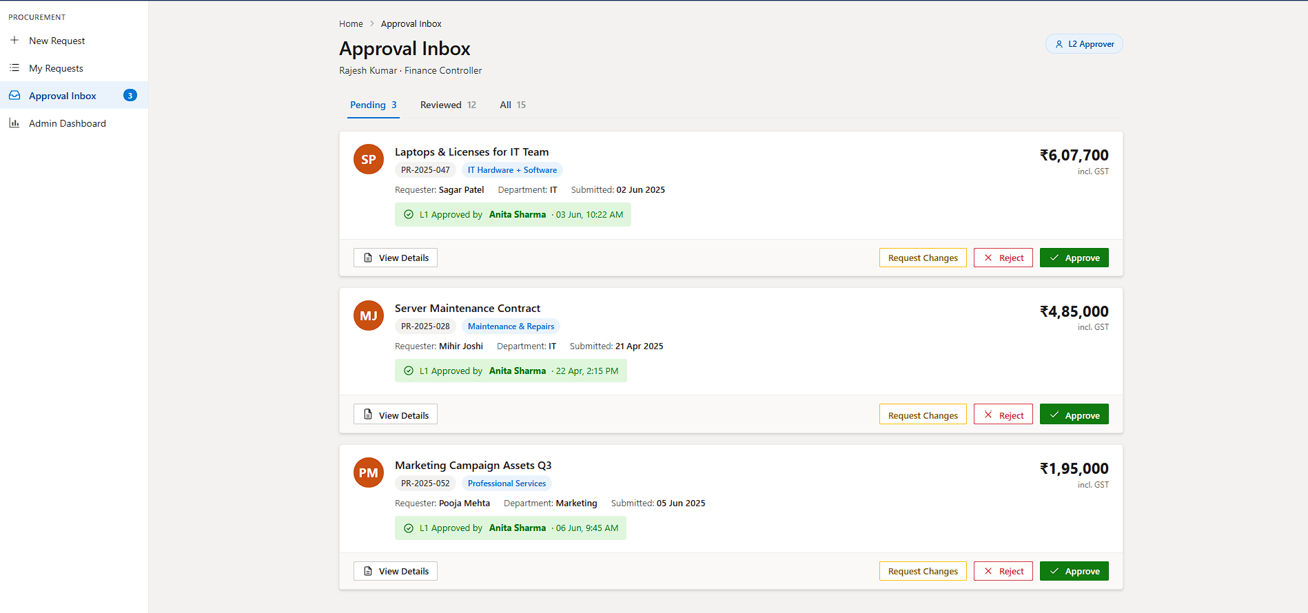 Power Apps Approval Inbox — L2 Finance Controller view with 3 pending requests